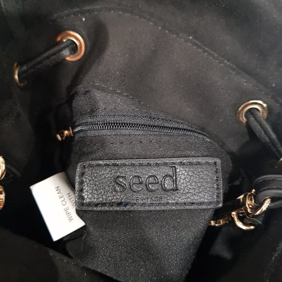 SEED Black Suede Like Ruffled Drawstring Bucket Bag - Picture 8 of 11
